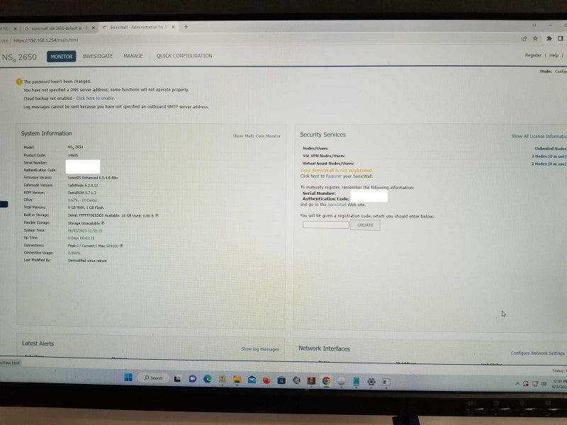 SonicWall NSA 2650 Network Security Appliance, Factory Reset, Read _