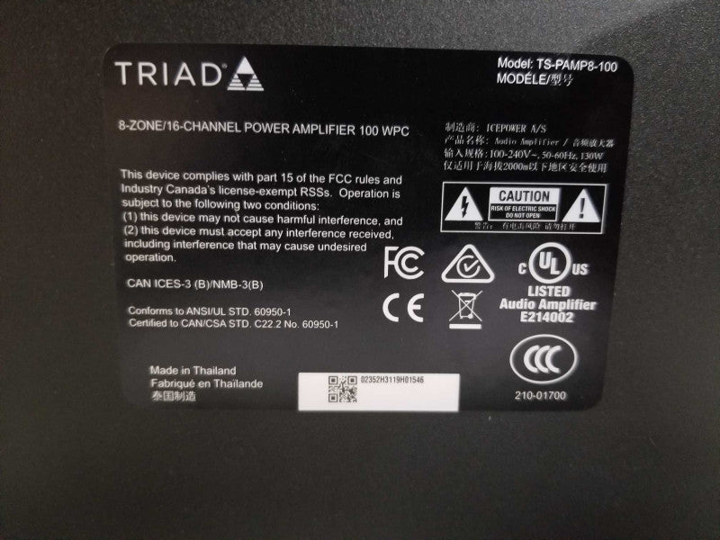 Triad TS-PAMP8-100 8-Zone/16 Channel Power Amplifier 100 WPC, Read _