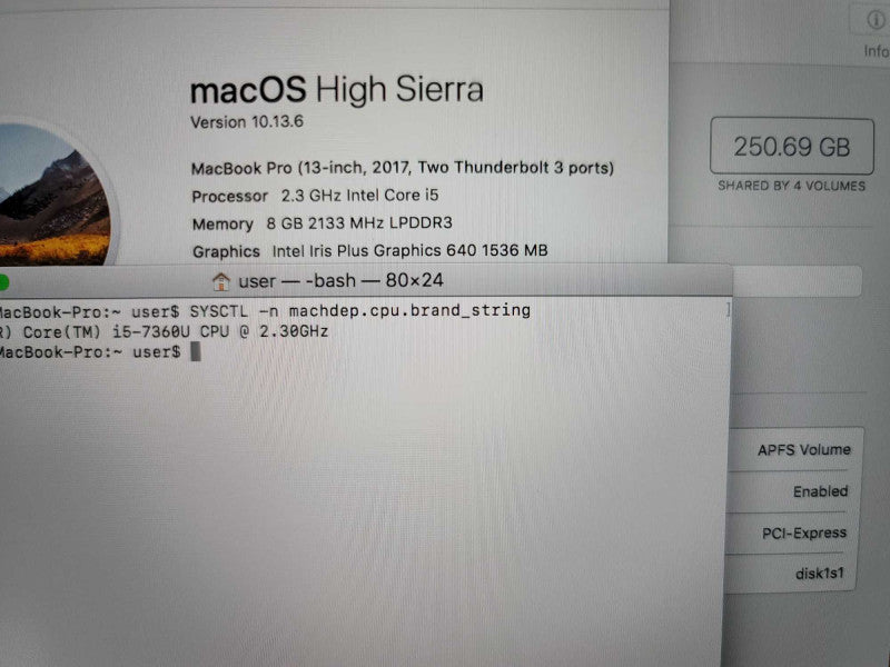 MacBook Pro 2017 13\\" i5- 7360, 8GB DDR3, 256GB SSD **NO AC ADAPTER Î²