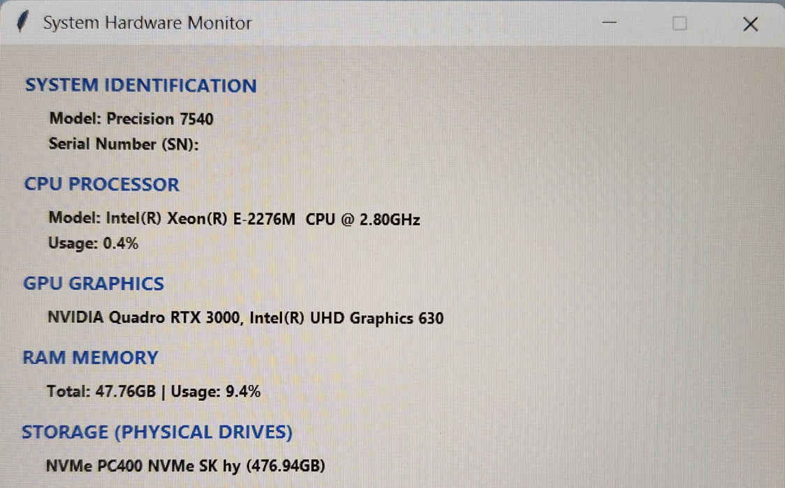 Dell Precision 7540, Xeon E-2276M 2.80GHz, 48GB DDR4, 512GB NVMe, RTX 3000  Lap200