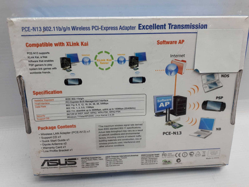 ASUS PCE-N13 WPS 802.11 b/g/n Wireless LAN PCI Express Adapter Card-New &