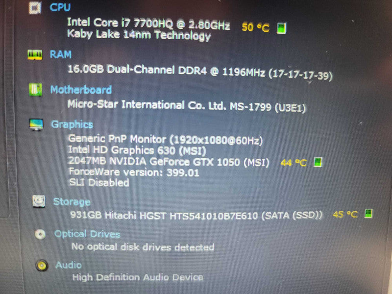 MSI GL72M- 7RDX, 16GB DDR4, 2GB GeForce GTX 1050, i7-7700HQ, 1TB SSD Î²