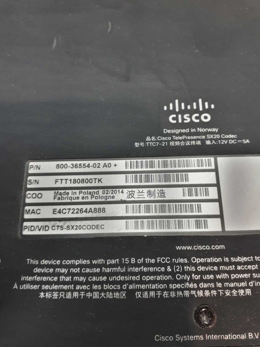 Cisco TelePresence SX20 TTC7-21 Video Conferencing Codec Only &