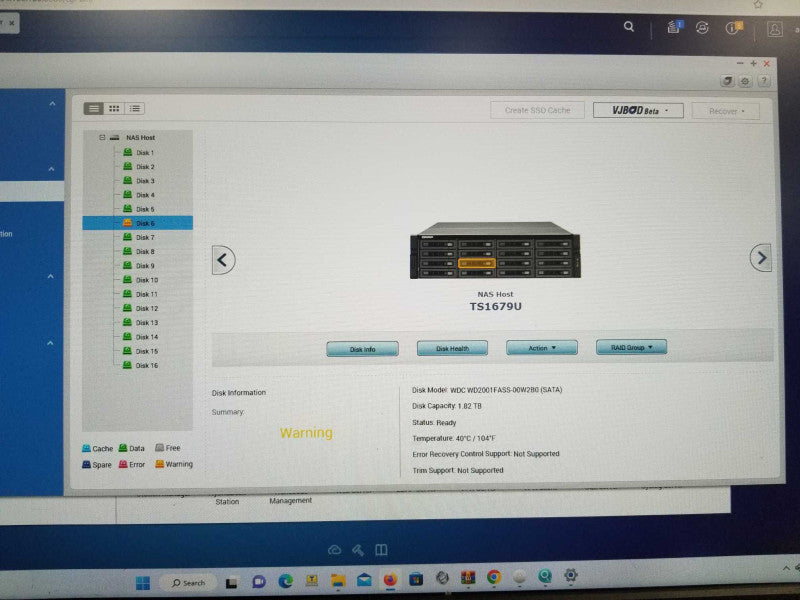QNAP Network attached storage TS-1679U-RP with 16x 2TB HDDs installed _