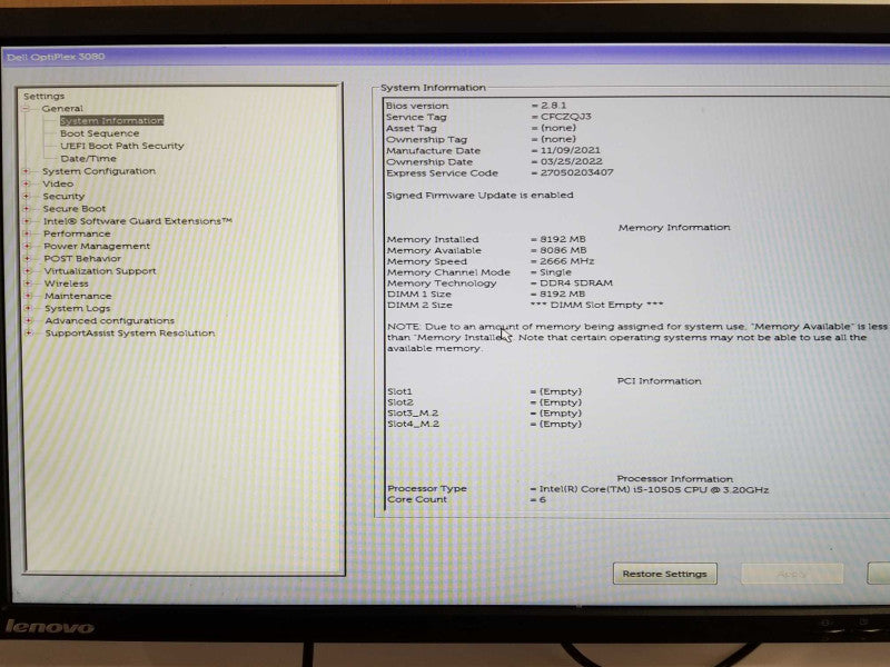 Dell OptiPlex 3080, Core I5-10505 3.2GHz, 8GB DDR4, No HDD _