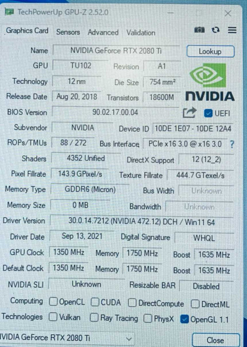 Nvidia GeForce RTX 2080Ti 11Gb GDDR6 Graphics Card GPU Founders Edition =