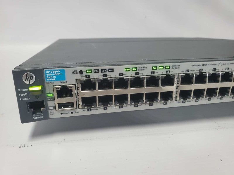 HP E3800 48G-4SFP+ J9576A48-Port Switch w/ J9577A Stack Module, 2x PSU |