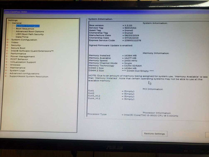 Dell Optiplex 3060 SFF - Intel i5-8500 @ 3.00 GHZ 16GB DDR4