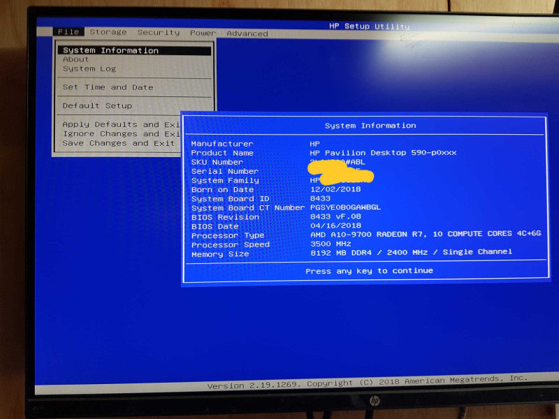 HP Pavilion Desktop 590 - Amd A10-9700 Radeon R7 @ 3.50 GHZ 8GB DDR4 Q