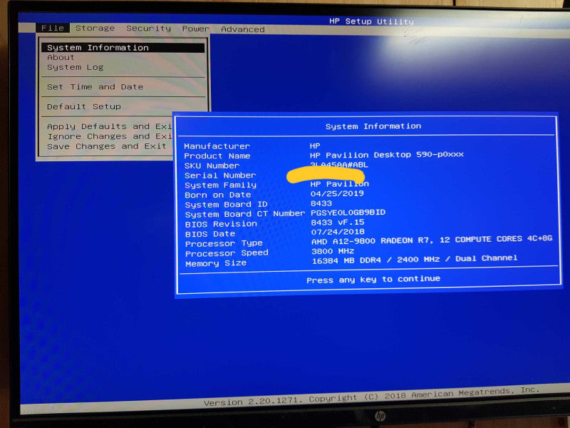 HP Pavilion Desktop 590 - Amd A12-9800 Radeon R7 @ 3.80 GHZ 16GB DDR4