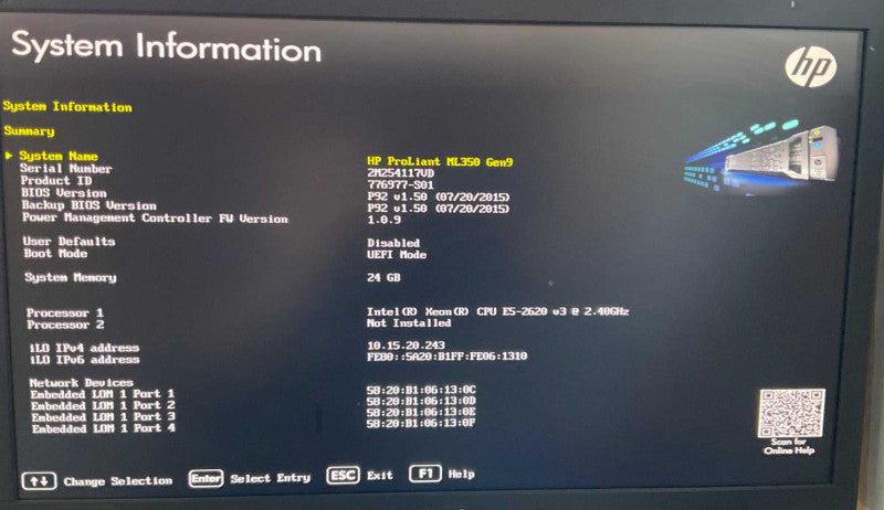 HP ProLiant ML350 Gen9 Intel Xeon E5-2620 v3 @2.40GHz 24GB RAM -