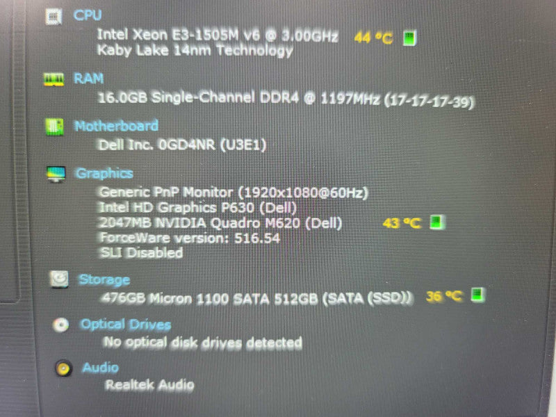 Dell Precision 3520 Xeon E3-1505M, 16GB DDR4, 2GB Nvidia Quadro M620, 512GB  Î²