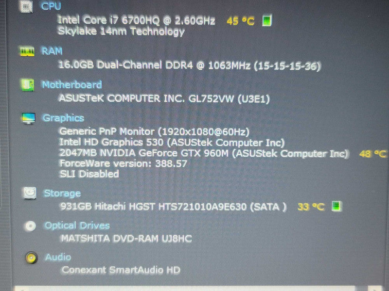 ASUS ROG GL752V i7-6700HQ, 16GB DDR4, GeForce GTX 960M, 1TB HDD **READ Î²