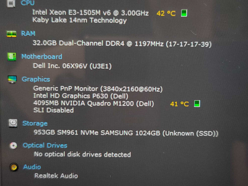 Dell Precision 5520 Xeon E3-1505m V6 @ 3.00GHz, 32GB DDR4, 1TB NVMe Î²