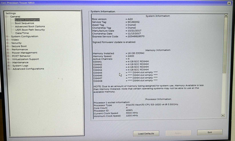 Dell Precision 5810 Workstation Intel Xeon E5-1620 V4 @ 3.50GHz 16GB DDR4  Q~