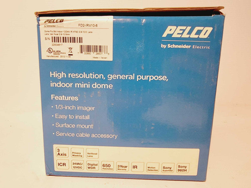 Pelco FD2-IRV10-6 650TVL IR Indoor Dome Camera, 2.8-10.5mm, NTSC Q(