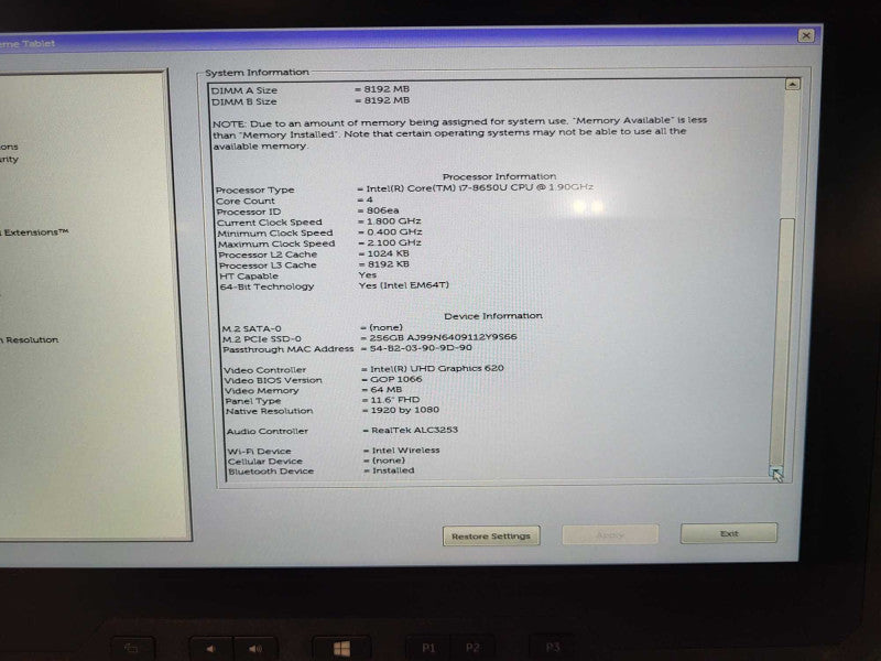 DELL Latitude 7212 Rugged Extreme Tablet i7-8650U @1.90GHz 16GB RAM 256GB SSD -