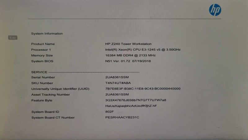HP Z240 - INTEL XEON E3-1245 v5 @ 3.5GHz - 16GB RAM - NO HDD