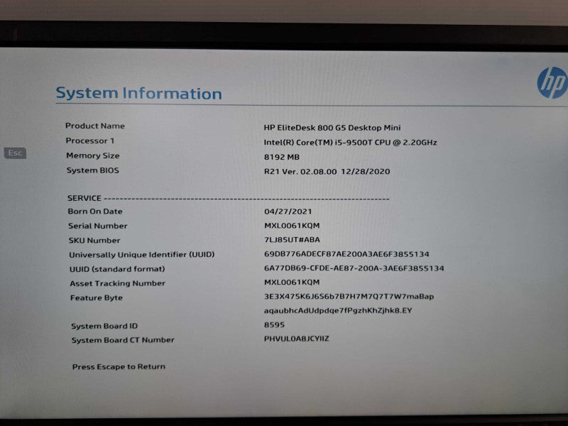 HP EliteDesk 800 G5 Core i5-9500T @ 2.20GHz 8GB DDR4 256GB SSD Q)