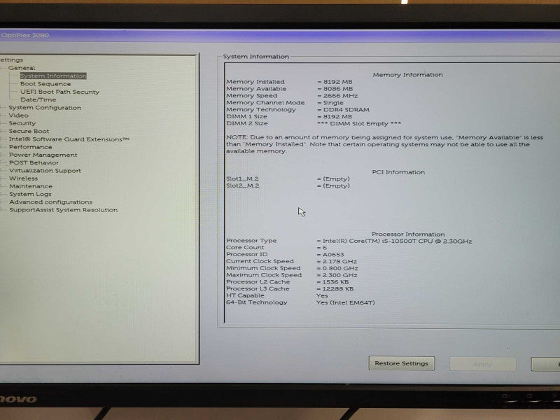 Dell Optiplex 3080 Core I5-10500T 2.3GHz 6-Core 8GB DDR4 w/ power adapter SEE _