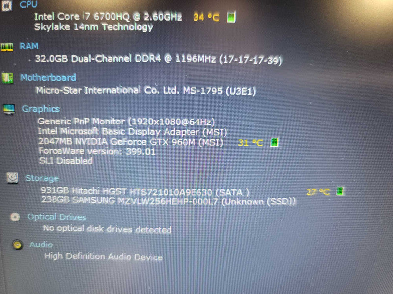 MSI GE72 Apache Pro i7-6700HQ, 32GB DDR4, GeForce GTX 960M, 256GB SSD+1TB HDD Î²