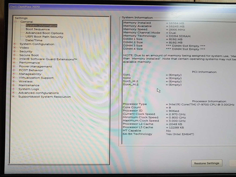 Dell Optiplex 7070 SFF - Intel i7-9700 @ 3.00 GHZ 16GB DDR4