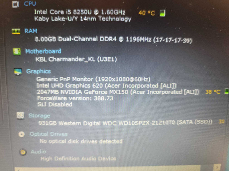Acer Aspire A515 i7-8250, 8GB DDR4, 2GB GeForce MX150, 1TB SSD Î²