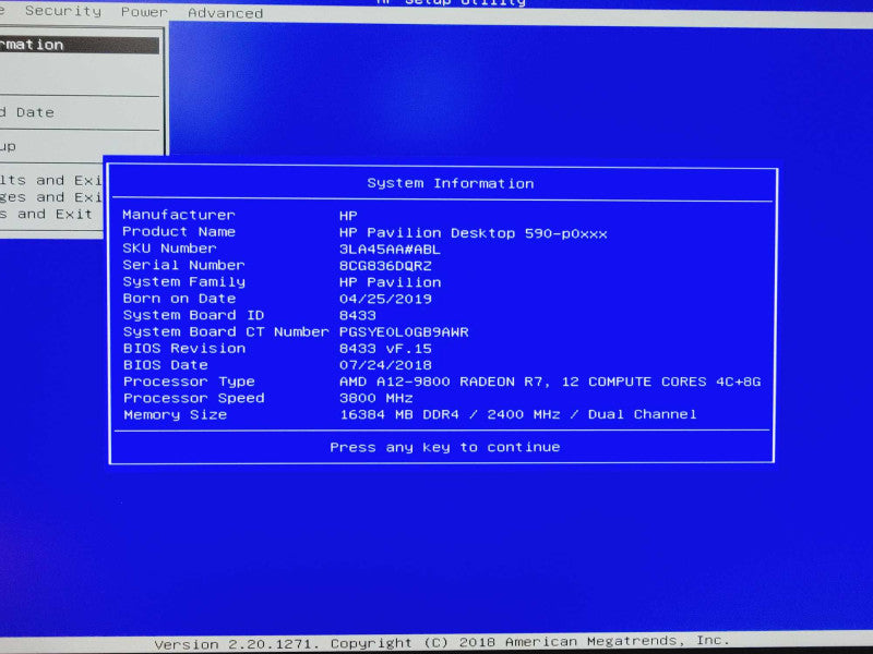 HP Pavilion 590-P0XX AMD A12-9800 @ 3.8GHz 16GB RAM No HDD (