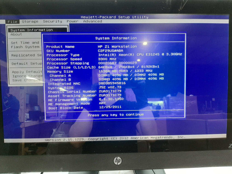 HP Z1 Workstation Xeon E3-1245 @ 3.3GHz 16GB DDR3 No HDD READ$