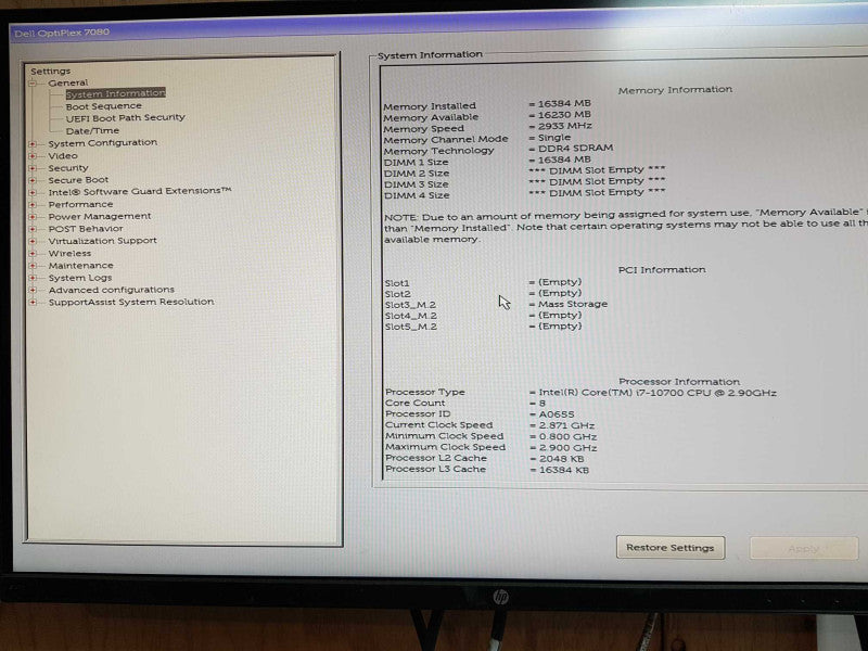 Dell Optiplex 7080 - Intel i7-10700 @ 2.90 GHZ 16GB DDR4