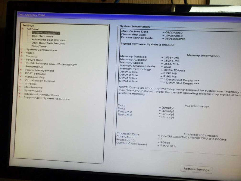 Dell Optiplex 7070 SFF - Intel i7-9700 @ 3.00 GHZ 16GB DDR4