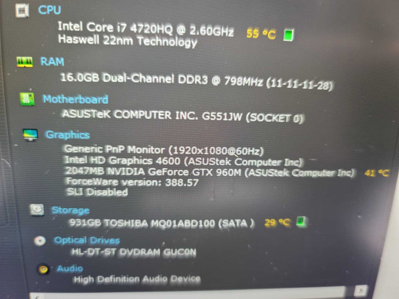 ASUS ROG G551J i7-4720HQ @ 2.6GHz, 16GB DDR3L, GeForce GTX 960M, 1TB HDD Î²
