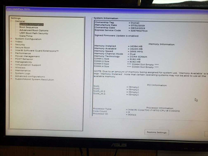 Dell Optiplex 7070 i7-9700 @ 3.00ghz / 16gb ram