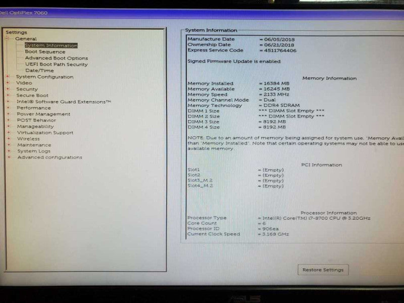 Dell Optiplex 7060 Intel i7-8700 @ 3.20GHz 16GB RAM Q