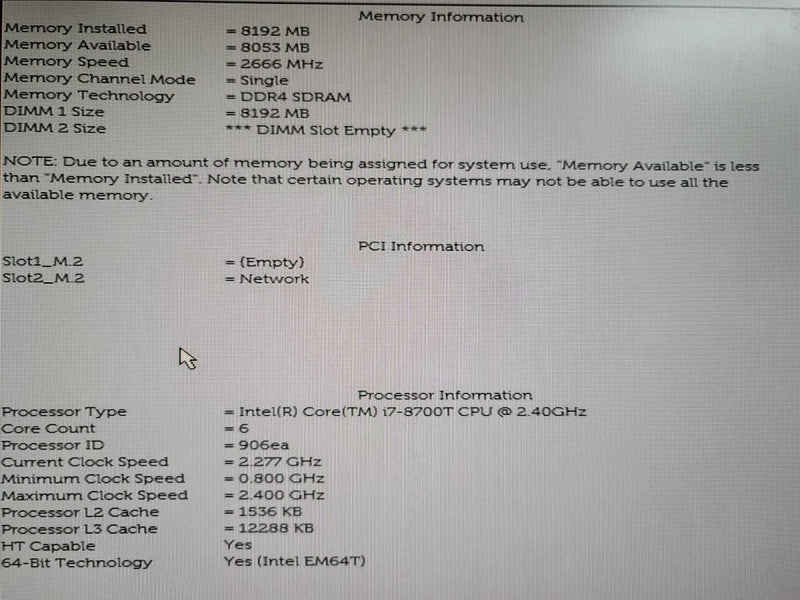 Dell Optiplex 7060 Mini PC i7-8700U, 8GB DDR4, NO STORAGE .  Î²