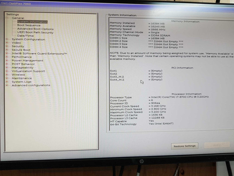 Dell Optiplex 7060 - Intel i7-8700 @ 3.20 GHZ 16GB DDR4