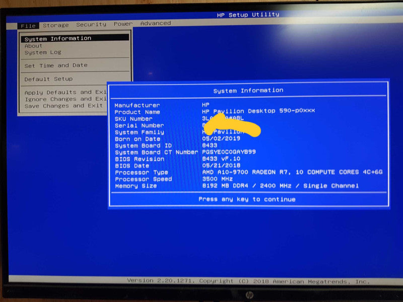 HP Pavilion Desktop 590 - AMD A10-9700 Radeon R7  @ 3.50 GHZ 8GB DDR4 Q