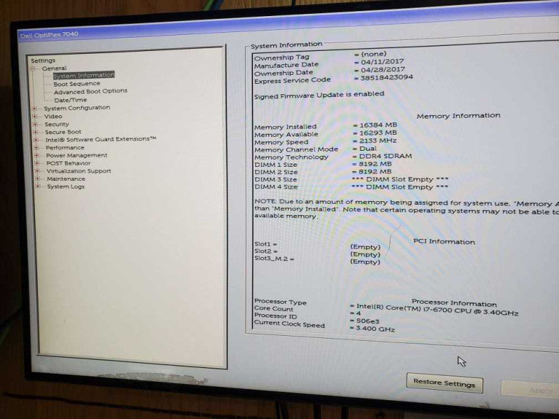 Dell OptiPlex 7040 SFF Core i7 -  6700 CPU @ 3.40 GHz 16GB RAM
