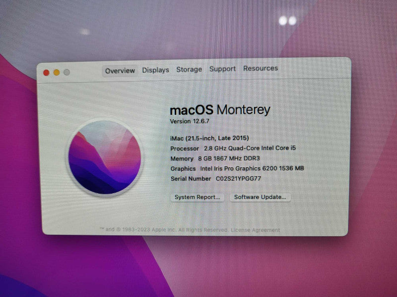 Apple iMac Late 2015 21.5 inch i5-5575R @ 2.8GHz 8GB RAM 1TB HDD READ  -