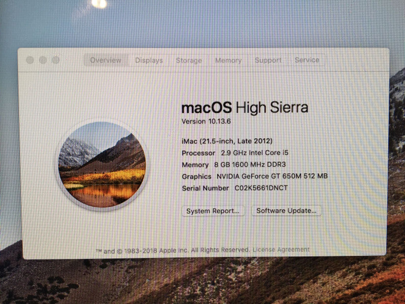 Apple iMac 21.5-inch Late 2012 i5-3470S Ge-Force GT650M 512MB 8GB RAM 1TB HDD