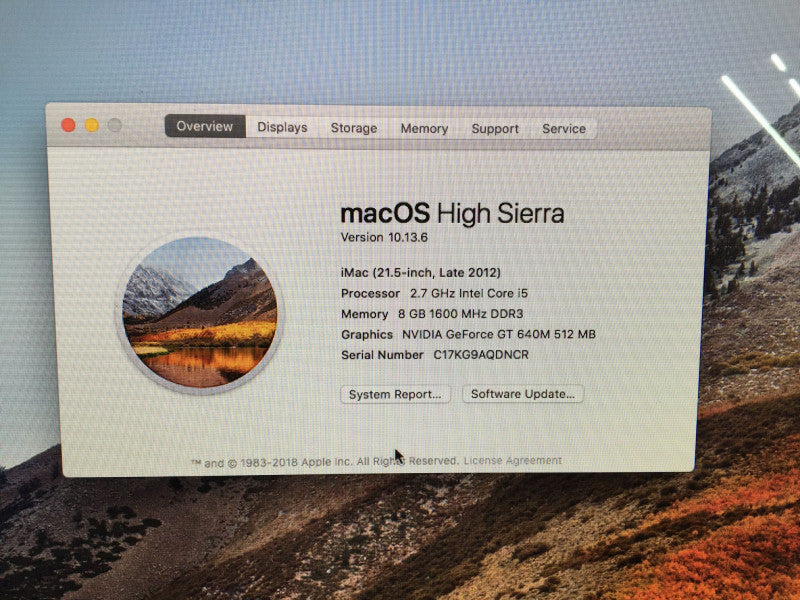 Apple iMac 21.5-inch Late 2012 i5-3330S GeForce GT640M 512MB 8GB RAM 1TB HDD