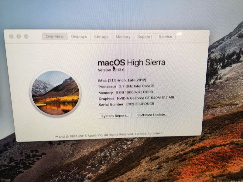 Apple iMac 21.5inch Late 2012 i5-3330S GeForce GT640M 512MB 8GB RAM 250GB SSD