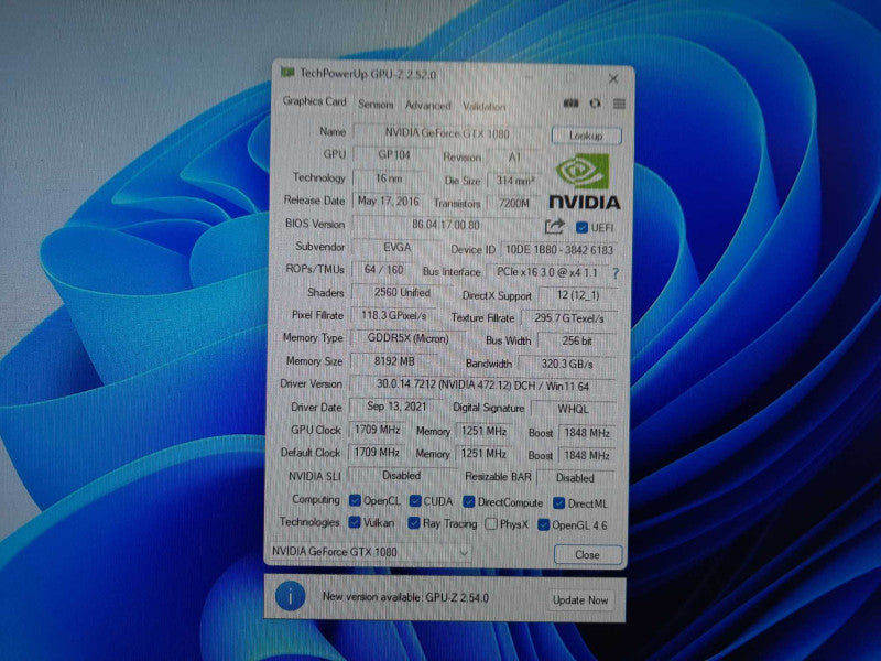 EVGA NVIDIA GTX 1080 SC 8GB $