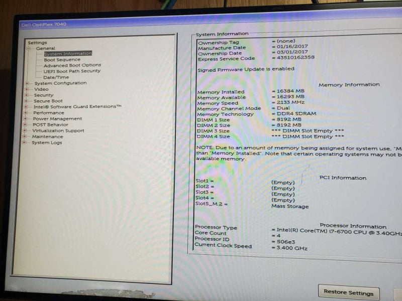 Dell OptiPlex 7040 Core i7 -  6700 CPU  @  3.40GHz 16GB