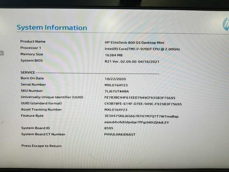 HP EliteDesk 800 G5 Desktop Mini I7-9700T @ 2.00ghz / 16gb ram / READ #