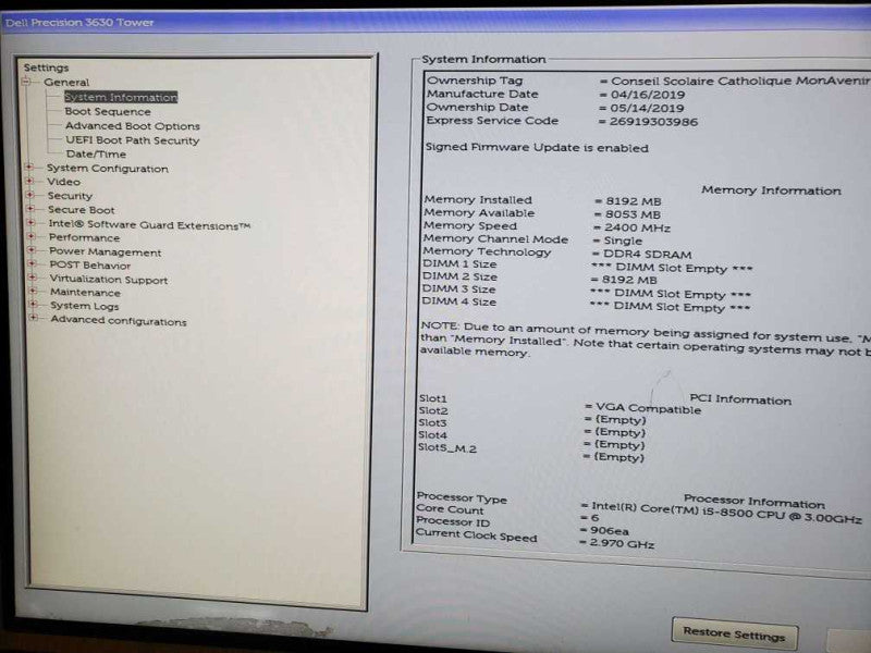 Dell Precision 3630 Tower Intel i5-8500 CPU @ 3.00Ghz 8GB DDR4 Q