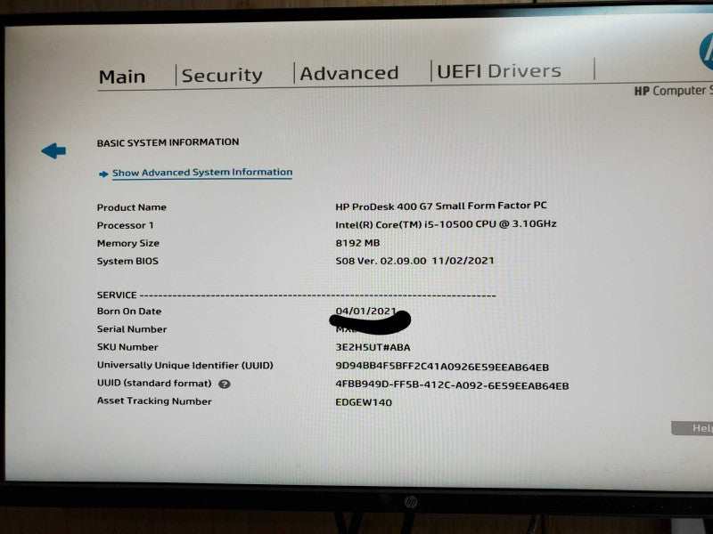 HP ProDesk 400 G7 SFF PC - intel i5-10500 @ 3.10 GHZ 8GB DDR4