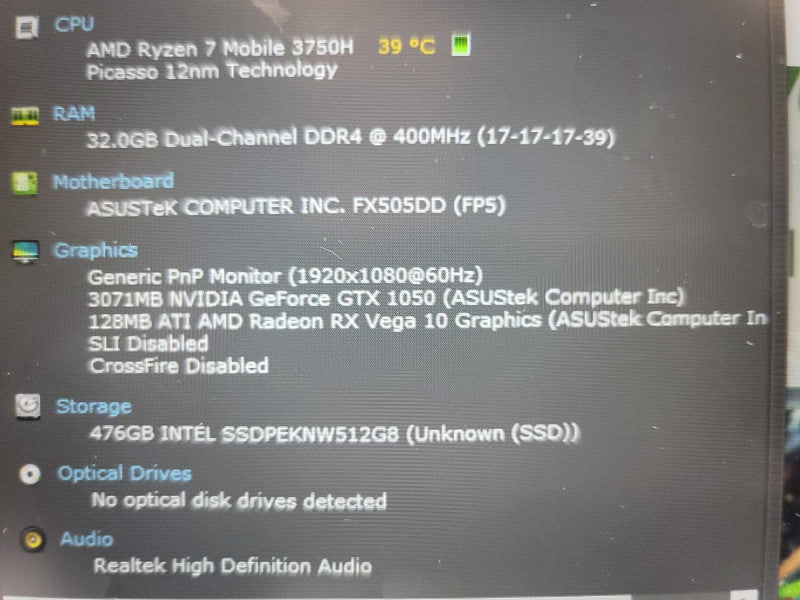 ASUS Tuf FX505D AMD Ryzen 7 3750H, 32GB DDR4, 3GB GeForce GTX 1050, 512GB SSD Î²