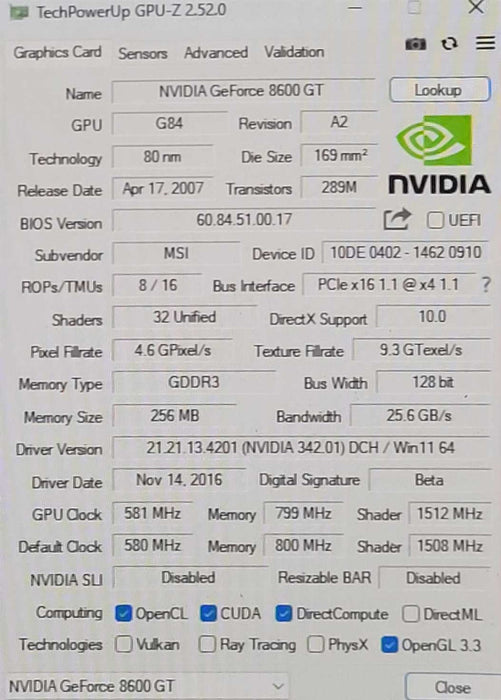 MSI NVIDIA 8600GT 256MB PCI-E
