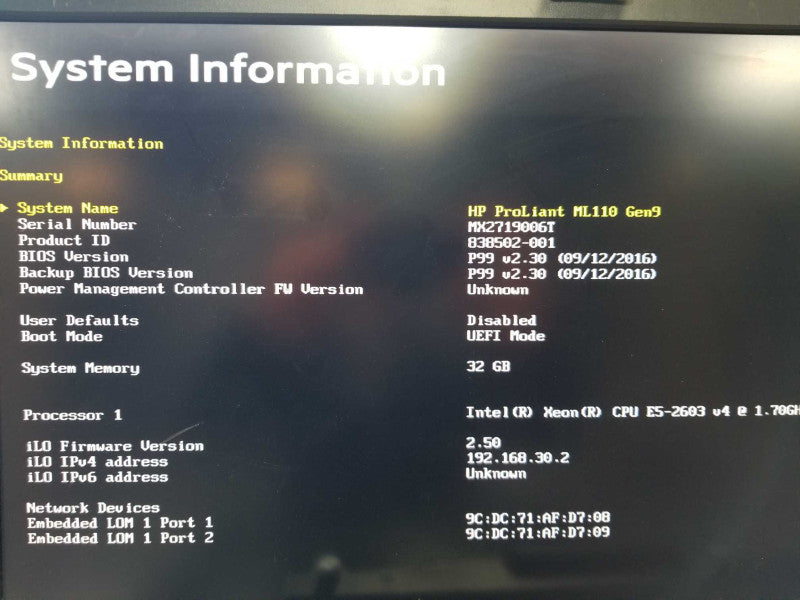 HP Proliant ML110 Gen9 Xeon E5-2603 V4 @ 1.70ghz / 32gb ram B140i Array Ctrl #